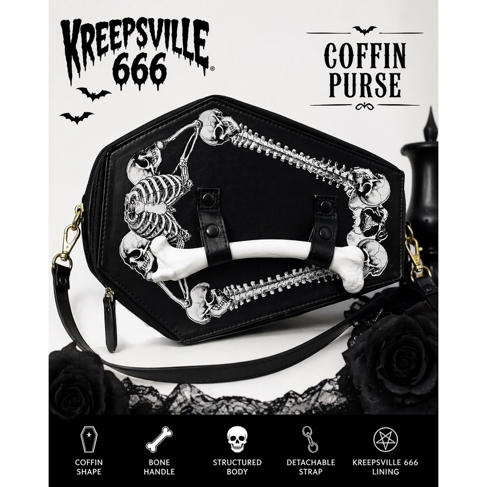 Kreepsville 666 Coffin Purse Skeleton Goth Bone Handle Crossbody Bag